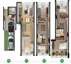 three floor plans for a two bedroom apartment with attached garage and living room, shown below