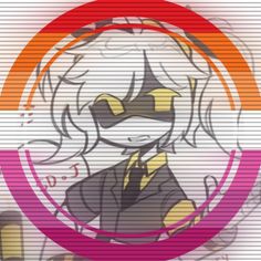 an anime character with white hair and yellow eyes in front of a red, orange, and pink circle