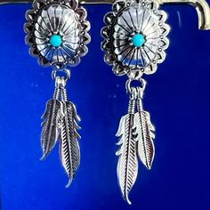 Silver Tone Concho Earrings With Prayer Feathers Turquoise Color Sone , Nwt Southwestern Blue Earrings For Pierced Ears, Southwestern Style Blue Earrings For Pierced Ears, Southwestern Style Blue Pierced Earrings, Southwestern Blue Earrings For Gift, Blue Southwestern Style Earrings For Gift, Nickel-free Blue Southwestern Earrings, Concho Earrings, Morganite Earrings, Multicolor Earrings