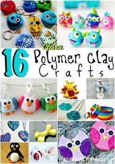 collage of different polymer clay crafts with text overlay that reads 16 clever polymer clay crafts