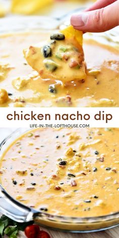 chicken nacho dip in a glass bowl with a tortilla chip being dipped into it