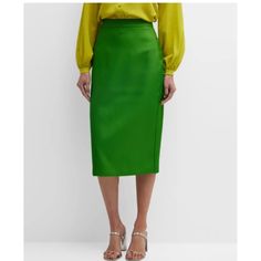 Color: Ks Green 100% Polyester Lining: 95% Polyester, 5% Elastane Duchess Satin Woven Midi Skirt Size 8 Measures 30.75" Long From Top To Bottom Cut For A Slim Pencil Silhouette Center Back Zipper Dry Clean Only Sold Out Everywhere But Here! Green Lined Skirt For Formal Occasions, Green Formal Midi Skirt, Formal Green Lined Skirt, Green Midi Skirt For Work, Green Midi Skirt For Workwear, Green Pencil Skirt For Formal Occasions, Green Relaxed Skirt For Work, Green Relaxed Fit Skirt For Work, Elegant Green Lined Pencil Skirt