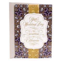 a card with the words you're wedding day written in gold and purple on it