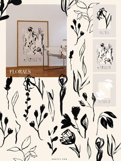 flowers are drawn in black and white on a wall with the words floras above them