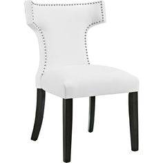 a white chair with black legs and studding