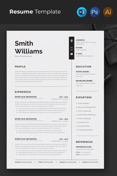 a clean and modern resume template with black accents on the front, white cover and gray background