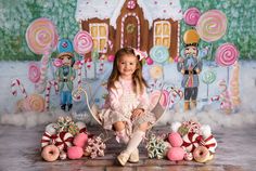 Christmas gingerbread house mini sessions with the "Candyland Gingerbread House" photography backdrop. Candyland Gingerbread House, Christmas Photography Props, Brick Backdrops, Christmas Photo Props, Christmas Photography Backdrops, Gingerbread Village, Christmas Backdrops, Floral Backdrop