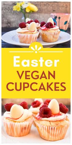 an image of some cupcakes with raspberries on top and the words easter vegan cupcakes above it