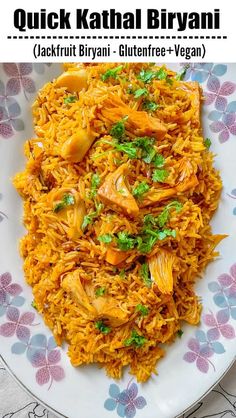 chicken biriyani served on a floral plate