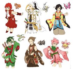 some very cute anime characters with different outfits and hair colors, all dressed in costumes