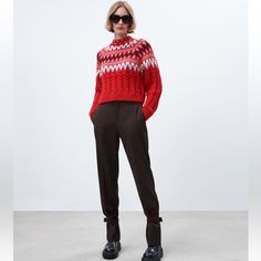 Hello Apres Ski! Zara Cable Knit Jaquard Sweater. Size Medium. Fits 2-8z Red Jacquard Knit Sweater For Winter, Zara Winter Sweater For Workwear, Red Wool Sweater For Workwear, Red Wool Sweater For Work, Zara Winter Workwear Sweater, Red Knit Sweater For Work, Red Cable Knit Winter Outerwear, Red Fair Isle Sweater For Winter, Zara Cable Knit Sweater For Winter