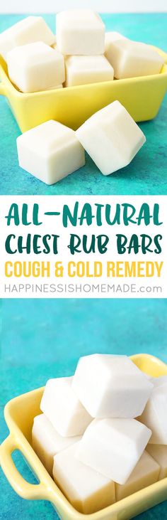 cubed marshmallows in a yellow bowl with text overlay that says all natural chest rub bars cough and cold remedy