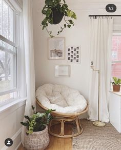 a living room with plants hanging from the ceiling and a chair in front of a window