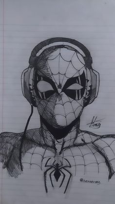 a drawing of spider - man with headphones on