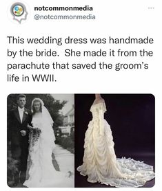 the wedding dress was handmade by the bride she made it from the parachute that saved the groom's life in wwii