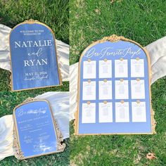 a blue and gold wedding seating plan is on the grass next to a white cloth