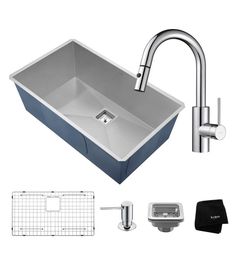 stainless steel kitchen sink with faucet and accessories