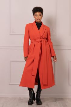 "Warm shade, soft High-quality fabrics, and classic design make this coat incredible! This orange-red coat is made with fine wool for fashion lovers. Trendy sleeve, a turn-down collar with lapels with a belt, mortise pockets at the side seams and so delightful side slits. The stylish and attractive design in one coat! ⚜𝙸 𝙼 𝙿 𝙾 𝚁 𝚃 𝙰 𝙽 𝚃: Please, keep in mind that the orange-red is considered a custom color. To get this color, you need to purchase this listing: https://www.etsy.com/listi Fitted Orange Outerwear With Notch Lapel, Formal Orange Notch Lapel Outerwear, Formal Orange Outerwear With Notch Lapel, Long Orange Outerwear For Spring, Long Orange Spring Outerwear, Elegant Fitted Orange Outerwear, Orange Wool Outerwear For Fall, Long Orange Outerwear For Fall, Formal Orange Outerwear For Spring