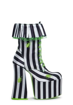 Dolls Kill x Beetlejuice Bio-exorcist Striped Satin Beetle Platform Boots - Black/White Beetlejuice Accessories, Beetlejuice Decor, Weird Clothing, Melanie Concert, Poetic Love, Halloween Costume Boots, Horror Clothing