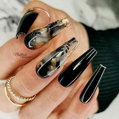 Black Nail Elegant, Black And Clear Acrylic Nails Coffin, Black And Jade Nails, Black Pearlescent Nails, Acrylic Black Nails Designs, February Birthday Nails Ideas, Black And Clear Nail Designs, Black Nails Inspiration Short, Black Inspired Nails