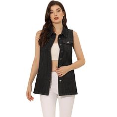 This jean vest jacket is made of soft and breathable denim cotton. Falls to mid-thigh for an elegant look that is slimming, flattering, and comfortable to wear. Suitable for daily casual, vacation, school, shopping, weekend gatherings or shopping etc. You can match it with a sweater for fall and winter or a casual tank cami for sunshine and summer. It is a good choice for the upcoming season. Distressed Cropped Denim Jacket, Black Denim Vest, Sleeveless Jean Jackets, Womens Denim Vest, Jean Jacket Vest, Vest Waistcoat, Lapel Jacket, Womens Denim, Vest Women