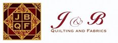 the j & b quilting and fabrics logo is shown in red, gold and white