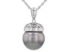 13-14mm Cultured Tahitian Pearl Rhodium Over Sterling Silver Pendant With Chain. Pendant measures approximately 1" L x 1/2" W and has a 6mm bail. Singapore chain measures approximately inches in length, 1/32 of an inch in width with a lobster claw clasp closure and a 2 inch extender. Colors, shapes, and sizes may vary. Tahitian Pearl Pendant Jewelry For Formal Occasions, Tahitian Pearl Pendant Jewelry For Formal Events, Formal White Gold Jewelry With Tahitian Pearl, Tahitian Pearl Pendant For Formal Occasions, Formal Silver Necklaces With Bail, Tahitian Pearl Necklace In White Gold, Silver Tahitian Pearl Necklace Fine Jewelry, Tahitian Pearl Charm Necklace With Round Pendant, Silver Necklace With Bail In Fine Jewelry Style