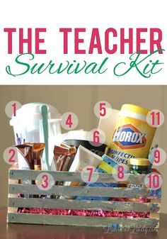 the teacher survival kit is organized in a wooden crate