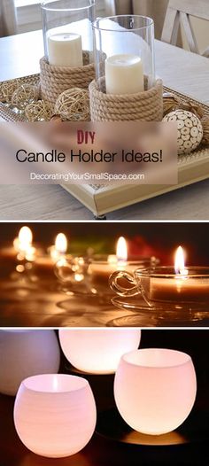 candles are sitting on a tray with rope wrapped around them and the words diy candle holder ideas above it