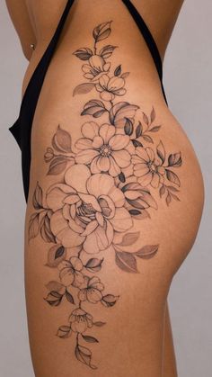 Side Thigh Floral Tattoo, Spine Tattoos Western, Cherry Blossom Tattoo Thigh, Upper Thigh Tattoo Women, Side Thigh Tattoo, Upper Thigh Tattoo, Floral Spine Tattoo, Thigh Piece Tattoos