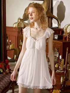 Slessic Vintage Romantic Ruffled Design See-Through Mesh Double Layer Lace Elegant Nightwear Nightdress Elegant Nightwear, Video Dress, Nightgown Vintage, Lace Mesh Dress, Victorian Nightgown, Sleeping Dress, Desired Reality, Vintage Princess, Fairy Fashion