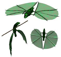 three different types of green dragon wings with long tails and tail like wings, one flying on