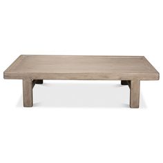 a wooden coffee table with two legs and a square shaped design on the top, against a white background