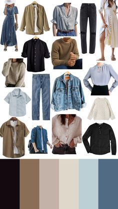 a collage of different clothes and jackets with color swatches in the bottom row