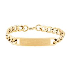 Keep the word of the Lord at all times with this gold tone ion-plated curb chain bracelet featuring an inscription of the Lord's Prayer. Keep the word of the Lord at all times with this gold tone ion-plated curb chain bracelet featuring an inscription of the Lord's Prayer. Inscription: Lord's Prayer Metal: stainless steel Length: 8.75 in. Plating: gold tone ion-plated Finish: polishedPlease note, due to the high value of this item, a signature may be required upon delivery. Color: Yellow. Gender Gold Nameplate Chain Bracelet, Gold Nameplate Curb Chain Bracelet, Classic Gold Name Bracelet With Curb Chain, The Lord's Prayer, Curb Chain Bracelet, Lord's Prayer, The Lords Prayer, Mens Gold, Mens Jewelry Bracelet