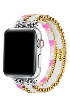 Beads and rondelles bring gleam and color to this friendship bracelet–inspired Apple Watch watchband that's an ideal gift for your bestie or yourself. 16mm band width Apple Watch not included Compatible with all Apple Watch series Stainless steel/resin Imported Trendy Silver Beaded Watch Band, Trendy Gold Beaded Watch Bands, Trendy Beaded Gold Apple Watch Band, Trendy Gold Beaded Apple Watch Band, Adjustable Gold Apple Watch Band With Round Beads, Adjustable Gold Beaded Watch Bands, Gift For Your Bestie, Bracelet Inspired, Bracelet Apple Watch