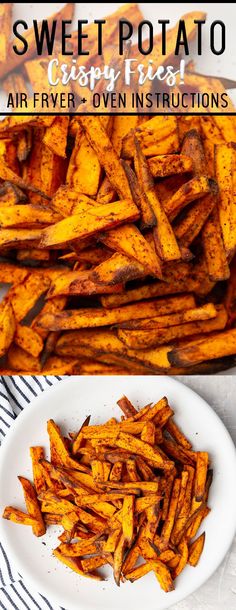 sweet potato crispy fried air fryer oven instructions on a white plate with text overlay