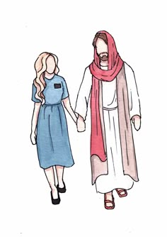 a drawing of a man and woman walking hand in hand with the person wearing a red scarf