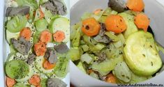 there are two pictures of vegetables in the same dish