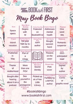 the book and first may book bingo is shown with pink flowers on it, in front of