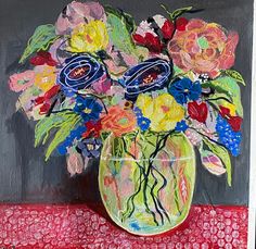 a painting of flowers in a green vase on a red tablecloth with black background