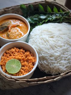 three bowls filled with different types of food