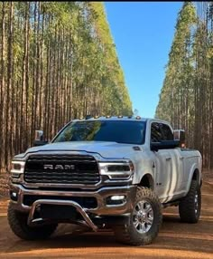 a silver ram truck driving down a dirt road