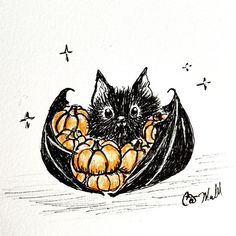 a drawing of a cat in a bat filled with pumpkins