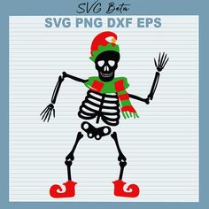 a skeleton with red boots and a green hat is holding his hands up in the air