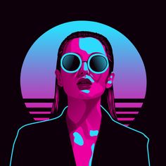 a woman with sunglasses on her face in front of a blue and pink background,