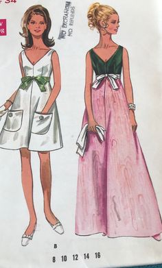 1970's Butterick Sewing Pattern. Pattern #5106 High Waisted Dress Sleeveless in 2 lengths. Size 12 Bust 34 Waist 25 1/2 Hip 36. Pattern is Uncut Factory Folded. 60s Dress Pattern, Butterick Dress Patterns, Evening Dress Patterns, 1960s Dresses, 1960 Fashion, Vintage Dress 60s, Robes Vintage, Vintage Dress Patterns, Butterick Sewing Pattern