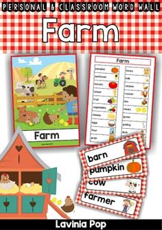 farm themed classroom word wall with pictures and words