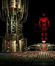 an old computer game with a man standing in front of a giant structure and red lights