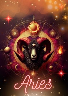 the zodiac sign for aries is surrounded by planets and stars in this artistic poster